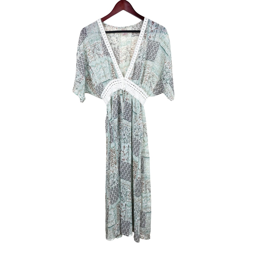 Womens Dress Sz L Maxi Cottage Babydoll Sheer Fairy Festival Flowy Romantic Lace